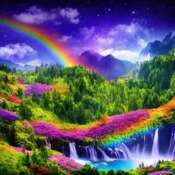 paysage féerique avec cascades arbres fleurs montagnes, arc en ciel, porte des étoiles