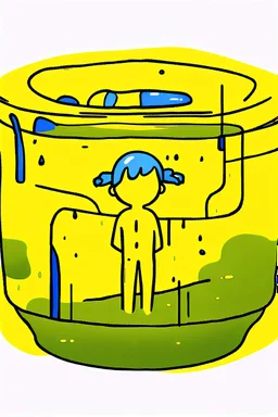 a picture of a guy bathing in a big yellow Vaseline jar, he is in a adventure park with his girlfriend, art style cal arts, simple character design, round mouths non tapering lines, minimalist and fluid