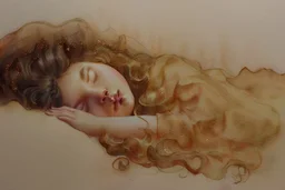 Small girl with long curly brown hair sleeping in god's hand (a big, clear hand) watercolor and ink, golden patina, glitters in ochre, backlit, mist and fog