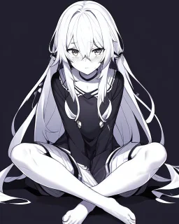 hurt, black and white, anime girl sitting with full-black background