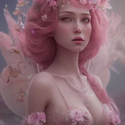 fairy, pink, green, beautiful, hyperrealism, masterpiece, expert, cinematic lighting, sharp focus, 8K, pastel, macro lens, woman, detailed, flower