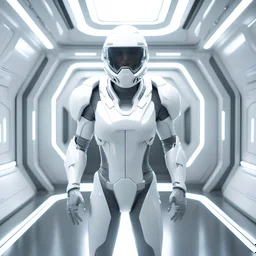 Hyper realistic glossy cyborg cybernetic pilot inside a white and grey futuristic spaceship surrounded by white glossy minimalist walls control panels in the white background in the style of Laura Greenan, white color scheme in the style of 3D, octane render, 8k, ray-tracing, blender, hyper-detailed