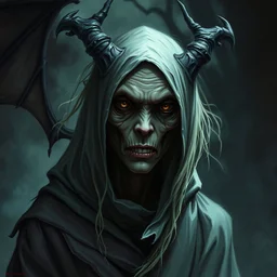 The demon witch, Lorissa Nightshade, appears as a gaunt, pale woman with hollowed out eyes and wearing tattered and torn robes. Grimdark realistic