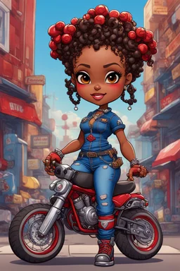 whimsical illustration of the chibi cartoon character, a voluptuous black female in a blue jean outfit with biker boots. Her prominent makeup and hazel eyes, along with her detailed red bantu knots, are featured in this image, set against the background of a lively bike show.