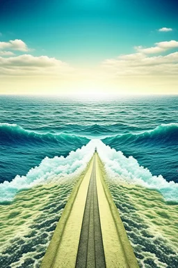 The ocean is divided into two and the infinite road appears. On both sides of the road, the sea water flows backwards like a waterfall.