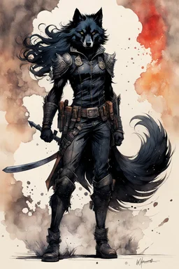 ink wash and watercolor full body concept illustration of an anthropomorphic, fanciful Black Wolf, mercenary soldier girl character with wildly flowing hair, ornately dressed with highly detailed feathers and facial features in the comic book style of Bill Sienkiewicz and Jean Giraud Moebius, with a fine art aesthetic, highly detailed , boldly inked, 4k UHD cinegraphic quality