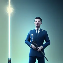 president of Ukraine Vladimir Aleksandrovich Zelensky with a saber in his hands stands in a fighting pose, High Quality,hyperrealistic, photography, cinematic, volumetric lighting, octane render, arnold render, 3D, Super detailed, Megapixel Cinematic Lighting, Anti-Aliasing, FKAA, TXAA, RTX, SSAO, Post Processing, Post-Production, Tone Mapping, CGI, VFX, SFX, Full color, Volumetric lighting, HDR, Realistic