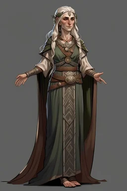 female middle aged high elf druid wearing medieval clothes with hands behind her back