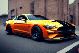 a true-to-life 2023 dark orange ford mustang hellcat, 2-door, wide-body, pandem, rocket bunny, mopar, carbon fibre, drift car, classic hotrod wheels and rims, ultra realistic, professional artwork, concept art, dark background, extreme detailed, 8k, sharp focus, centered camera, pivot on dodge, art