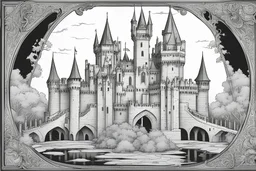 A high-contrast, black and white line drawing of a gothic medieval castle with intricate gargoyles and a drawbridge. No grayscale, no shades of gray, no color. Bold, clean lines. Adult coloring book style. No grey tones, no shades of grey. Strictly black and white. No texture, no pattern. The castle is surrounded by a moat filled with water and a wooden drawbridge. Around the castle, there is a small medieval village with wooden houses and a lively market.