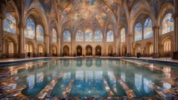 Superb symmetrical pictorial multicoloured mosaic floor, walls with pictures of bathers and swimmers, swimming pool, bathers, swimmers, water feature, symmetrical cathedral style high ceiling, relaxation, luxury, dream world, calm beauty, symmetry, fantasy world, magic, beautiful symmetrical composition, exquisite detail, 135mm lens, adjust perspective, chiaroscuro, dynamic lighting