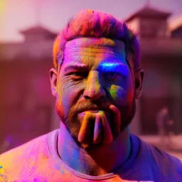 Ultra realistic portrait, color holi festival style, night scene. Strong man , waist up view, happy, highly detailed, concept art, unreal engine 5, god rays, ray tracing, RTX, lumen lighting, ultra detail, volumetric lighting, 3d, finely drawn, high definition, high resolution.