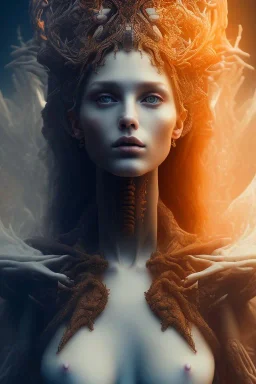 portrait photography of an ethereal beautiful animal goddess, Fire theme art, Dark moody night atmosphere, Portrait of a woman by Michelangelo, 8K, close-up face, anatomically perfect face, oak tree roots, ignore NSFW