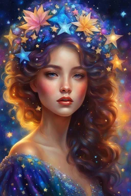 a girl in a dress with stars on her head, beautiful fantasy art portrait, beautiful fantasy portrait, colorfull digital fantasy art, by Victor Nizovtsev, stunning digital illustration, carlos ortega elizalde, anime girl with cosmic hair, very detailed digital painting, exquisite digital illustration, highly detailed digital painting, in stunning digital paint, beautiful fantasy painting