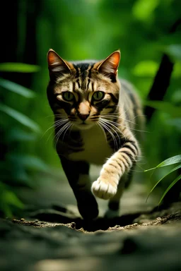 A Cat running very fast in the jungle, front shot, close up, National geographic style, motion blur, sharp focus, 8k