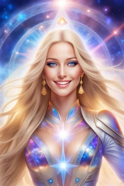 cosmic woman smile,beautiful ufos rainbow, admiral from the future, galactic confédération, fine whole face, crystalline skin, expressive blue eyes,rainbow, smiling lips, very nice smile, costume pleiadian, Beautiful tall woman pleiadian Galactic commander, ship, perfect datailed golden galactic suit, high rank, long blond hair, hand whit five perfect detailed finger, amazing big blue eyes, smilling mouth, high drfinition lips, cosmic happiness, bright colors, blue, pink, gold, jewels, realist,