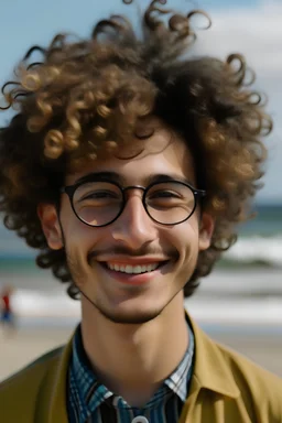 nerd with curly hair getting his glasses taken away from him at the beach