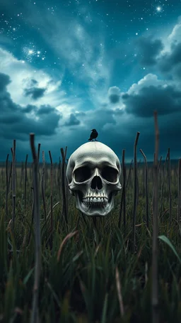 stars in the background and out of this world galaxy in a blue and gray cloud of stormy weather a many large amount of thick sticks fixed on the ground with skull put on the top of it , ultra hi quality picture with cinematic science, tragedy, a small black birds far in hovering in the horizon in the big field of grass near front view of the skull