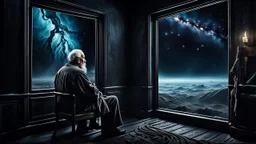Melancholy theme picture. sometimes human stop at night and stares out into the cold space, and something hurts the heart, something big thing miss. old man sitting in old chir at home and looks into nothingness, melancholic mood, meaning of life, nebula, detailed, gloomy, and surreal vibe. dark colors, cinematic