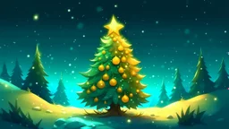 fantasy cartoon style illustration: a golden star on top of the decorated Christmas tree, in the snow