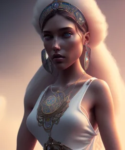 Gipsy, beautiful, curvy body, white fabric dress, beautiful long hair, bandana, long earings, head and shoulders portrait, holding tarot card, 8k resolution concept art portrait by Greg Rutkowski, Unreal Engine 5 volumetric lighting