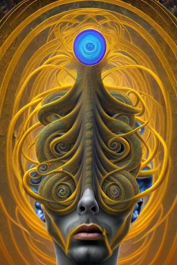 Spiritual being with Tentacles over human Head creating reality around, wrapping Spiral around Human, Psychedelic