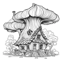 outline art for square twisted mushroom cottage old oak tree coloring page for kids, classic manga style, anime style, realistic modern cartoon style, white background, sketch style, only use outline, clean line art, no shadows, clear and well outlined