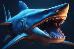 Huge shark in 8k solo leveling shadow artstyle, symbiote them, blue lights, sea, neon lights, intricate details, highly detailed, high details, detailed portrait, masterpiece,ultra detailed, ultra quality