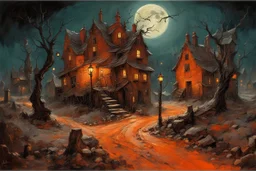 Sinister witches village street on Halloween, expansive haunter village landscape, full harvest moon, by Alexander Jansson, by Jeremy Mann, by Francisco Goya, hyperreal; deep vibrant rich orange, black, and red color scheme; ultra intricate complex detail, reflections, cel-shading, creepy silhouettes, watercolor impressionism.