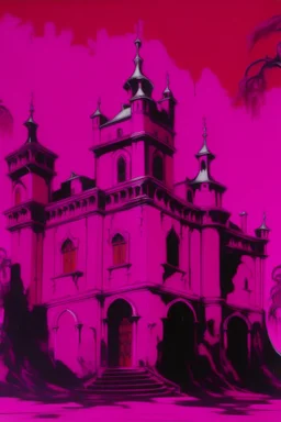 A purplish magenta haunted dry vampire castle painted by Andy Warhol