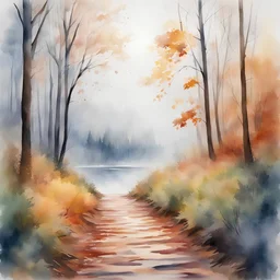 November sunny day forest path with a beautiful lake in the distance, watercolor, rain effect, fog effect