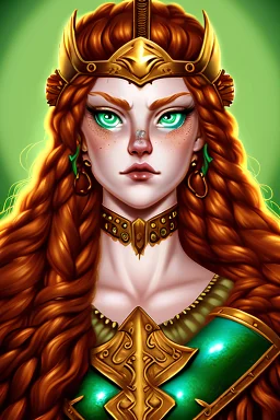 warrior queen with wavy red hair, gold armour, and bright green eyes