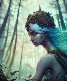 Insanely detailed photography of head and shoulder or a young beautiful goddess , intricate and hyper detailed painting by Ismail Inceoglu Anna Dittmann and Alexandr Fedosov CGSociety ZBrush Central fantasy art album cover art 4K 64 megapixels 8K resolution HDR. Background Snow Forest