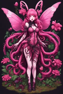 8bits, pixel art, butterfly, highly detailed, pink, rabbit, blood, scythe, goth woman, leaning pose, full body, squid, intricate detail , plants, wildflower, nest, octopus, fly,Demon girl, creepy, horrifying, sinister, sparks out her mind, rare pose, sparks around,enchanted girl with cyberkatana,darkred slime Goth girl,