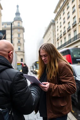 A stalker wants an autograph from a long-haired rock musician on a street in central London. The stalker is an overweight soon bald 25-year-old and looks a bit slimy, the atmosphere is oppressive and unpleasant, lot of traffic and london busses, hectic hour, a nice hotel, fog and rain