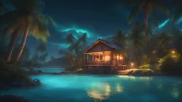 Idyllic lush lagoon bioluminescent with palm trees and tree house with a glow from the inside on the lagoon’s beach in 8k realistic and detail water and real cozy look