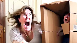 woman starts frantically tearing apart large door sized box scaring her husband