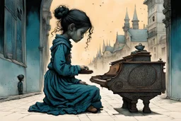 create a highly ethereal, darkly magical lithographic print illustration of a lonely orphan girl playing the piano , with highly detailed and deeply cut facial features, in the the style of JEAN-BAPTISTE MONGE and JEAN GIRAUD MOEBIUS, searing lines and forceful strokes, precisely drawn, boldly inked, and darkly colored