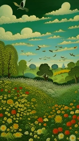 A green plain filled with flowers and birds in the sky hedges painted by Henri Rousseau