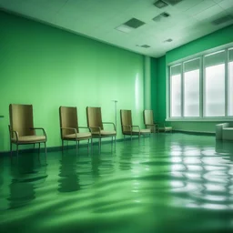 Salle d'attente, hôpital, chaises vert es pastel, et bois, sous l'eau