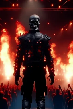 4K realistic, Terminator crowd at a rammstein concert, Till Lindemans back on stage, back, arms spread and on fire, flames everywhere.