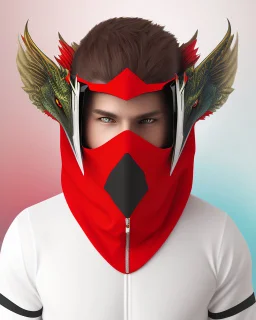 Draw an illustration with a red and black hood and a dragón mask over they eyes, front view