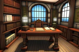 Fantasy medieval study room with desk front view