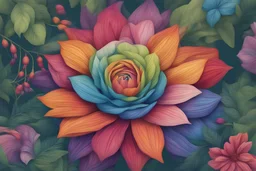 design a rainbow flower close up in the forest