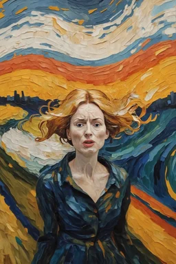 Background of a vortex made in the style of Vincent Van Gogh with a woman screaming a la Edvard Munch's "The Scream" in the center.