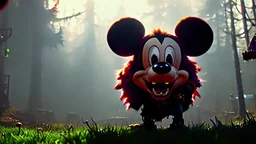 zombie mickey mouse hybrid, photorealism, movie screen capture, horror, sci-fi, retrofuturism,