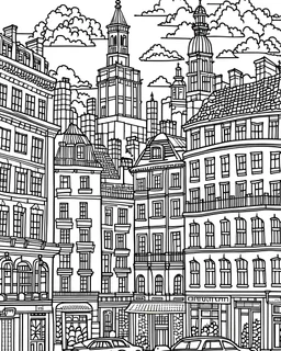 Colouring page for adults, cityscape, white background, clean line art, fine line art--HD--AR 2:3