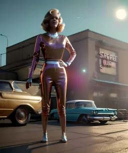 Ultra Realistic retro sci-fi movie Supermarket parking scene, 1960 year, waist up view portrait, a giant blonde woman, sweet teenager Jane Fonda face, perfect iris, glow eyes, face makeup, tight latex coat, many people, Retro sci-fi style, soft color, highly detailed, unreal engine 5, ray tracing, RTX, lumen lighting, ultra detail, volumetric lighting, 3d, finely drawn, high definition, high resolution.