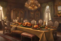 how Europeans imagine an American thanksgiving table, colorful, fantastical, intricate detail, 8k resolution, centered, matte painting, airbrush art, pencil sketch, award winning, masterpiece, crisp quality, sharp