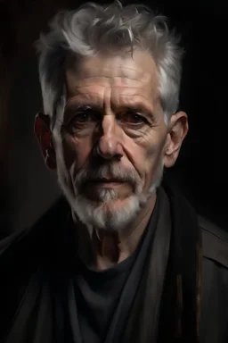 Oil portrait style. Dark palette. Waist-high. An old gray-haired man with short hair. Goatee beard.